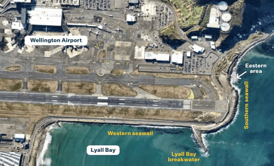 Aerial photo of Wellington Airport showing seawall